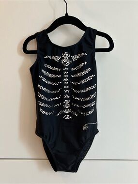 Destira Black Gymnastics or Dance Leotard with Silver Rhinestone Skeleton Design